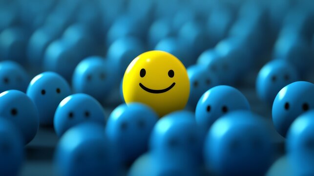 A single yellow smiley face stands out amidst a sea of blue, symbolizing individuality, optimism, and the power of being different.  