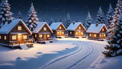 Cozy Cabin in Snowy Winter Wonderland – Holiday Night Scene Classic Christmas Illustration 