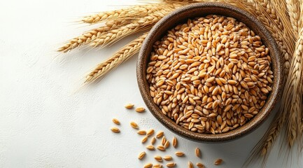 Bowl of wheat grains with wheat stalks.