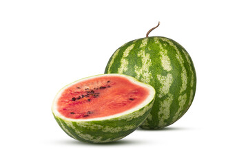 A whole watermelon placed beside a half watermelon on a white background