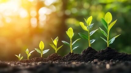 Growth and Progress: A row of vibrant green seedlings, symbolizing the life cycle of growth and progression.  The sun shines upon them, signifying the potential for success and flourishing.  