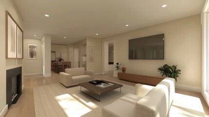 Fototapeta premium Modern minimalist family room, clean and sleek furniture, neutral palette, bright and inviting feel 