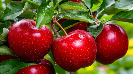 Fresh red apples on tree branch, glistening with dew, symbolize abundance and nature beauty. Perfect for showcasing fruit harvests or orchards