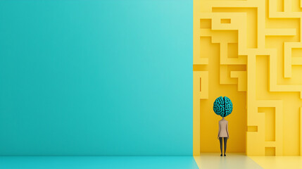 A person with a blue brain standing in front of a yellow maze. The Maze of Overthinking. A Concept of Anxiety and Mental Struggle. Teal and yellow background. Copy space. 