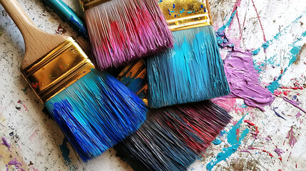 Fototapeta premium Colorful paint brushes dipped in vibrant paint create lively artistic scene. mix of hues and textures showcases creativity and passion for art
