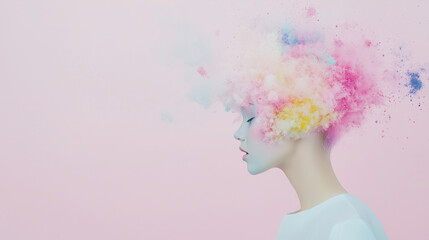 Mental Overload. A Mannequin in a Cloud of Colorful Emotions. The Cloud of Overthinking - A Fashion Portrait of Anxiety and Stress. Pink background.