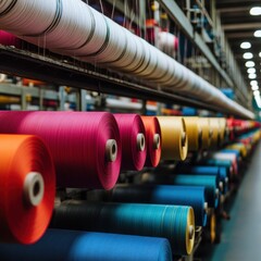 Colorful spools of thread arranged neatly in a textile manufacturing facility.