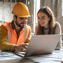 A construction worker in a hard hat collaborates with a woman at a laptop, discussing plans amidst blueprints in a bright, modern workspace.