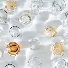 Aerial View of Various Glasses with Different Drinks and Clear Water on Light Surface Creating Interesting Patterns and Reflections in Soft Natural Light
