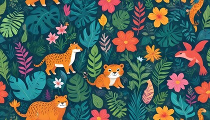 Tropical exotic pattern with animal and flowers in bright colors and lush vegetationn