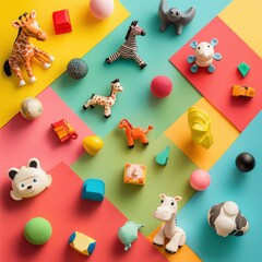 Obraz premium A Colorful Array of Children's Toys Featuring Animals, Balls, and Various Shapes on a Brightly Colored Background for Playful Imagery