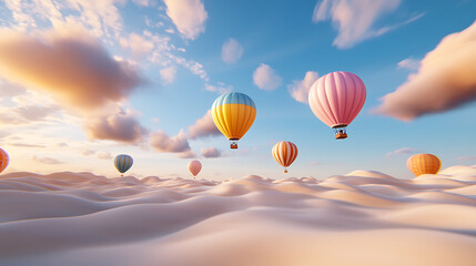 Obraz premium Hot air balloons soar gracefully over serene desert landscape, creating vibrant spectacle against stunning sky. colorful balloons contrast beautifully with soft, sandy dunes