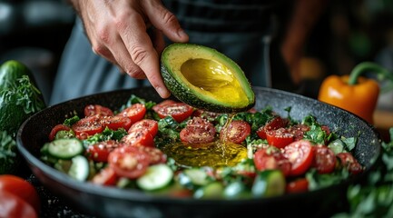 Close-up of hands adding avocado oil to a vibrant salad in a pan.