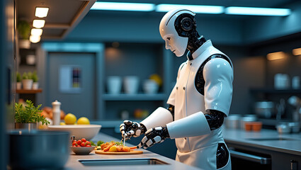 A robotic chef prepares a gourmet dish in a sleek, high-end futuristic kitchen, showcasing advanced technology and culinary skills