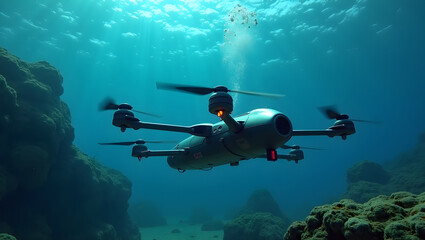Obraz premium Autonomous drones explore vibrant underwater environments, capturing marine resources with precision and technology