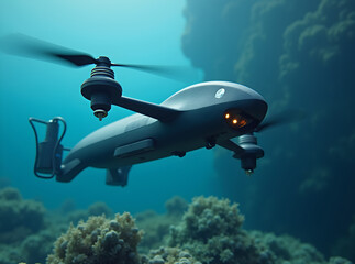 Obraz premium Autonomous underwater drones navigate through vibrant coral reefs, exploring rich marine resources in stunning ocean depths