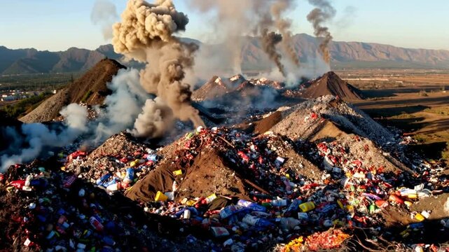 mountain of garbage waste plastic bottles packages of rotting food