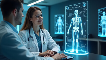 Futuristic telemedicine consultation featuring holographic doctors discussing health data with a patient in a modern medical environment