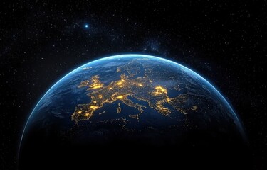 Stunning Aerial View of Earth at Night Showcasing Vibrant City Lights Over Europe with Starry Sky Background Creating a Breathtaking Cosmic Landscape