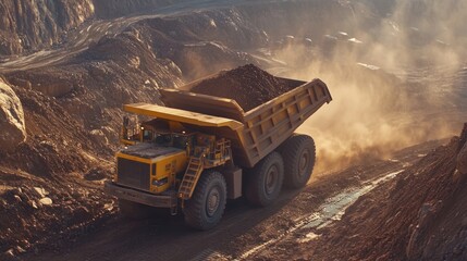 Obraz premium Yellow Dump Truck in a Mine Carrying a Load of Ore