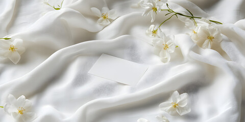 Minimalist photography showcases a clean white invitation card on soft white fabric adorned with delicate white flowers creating a serene and elegant composition
