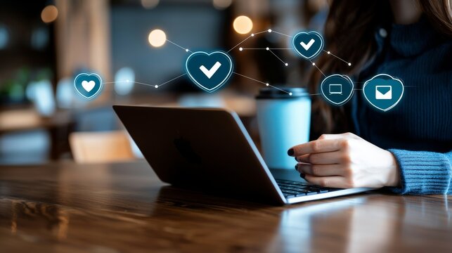 Online Health Monitoring Engaging with Heart Checkmarks Technology Laptop Setup Cozy Office Digital Wellness Concept