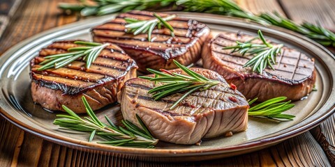 A Plate of Perfectly Grilled Steaks with Fresh Herbs Garnish