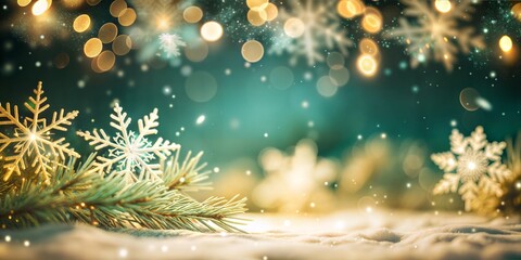 Abstract New Year background with fir branches, cones, snow on rich green background