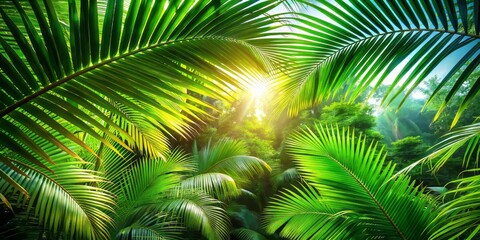 Obraz premium Lush Green Palm Leaves Bathed in Bright Sunlight Creating a Serene Tropical Atmosphere Perfect for Relaxation and Tranquility in Nature Photography