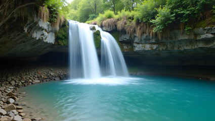 A serene waterfall cascades into a turquoise pool surrounded by lush greenery and rocky terrain, creating a tranquil natural landscape