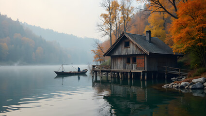 Fototapeta premium A tranquil lake scene featuring a rustic wooden house, surrounded by vibrant autumn trees reflecting on the water as a lone boatman navigates the serene landscape