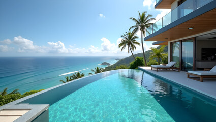 Fototapeta premium A stunning infinity pool overlooks serene ocean waves and palm trees under a clear blue sky, creating a perfect tropical getaway ambiance