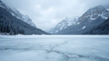 Fototapeta premium A serene winter landscape features a frozen lake surrounded by majestic mountains and snow-covered forests under a cloudy sky