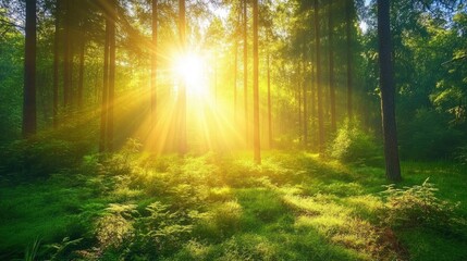 Beautiful tropical forest with bright sun shining through the trees 