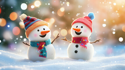 Two Cheerful Snowmen in Colorful Scarves  
