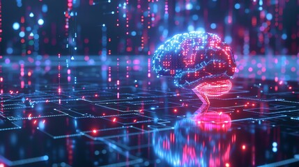 A 3D rendering of a digital brain with red and blue lights.