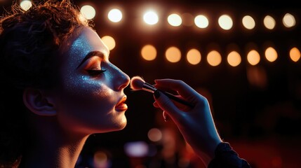 Fototapeta premium A professional makeup artist applies shimmering makeup to a model under warm studio lights, creating a glamorous evening look.