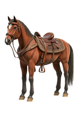 A detailed 3D render of a brown horse equipped with a leather saddle and bridle, ready for riding or training.