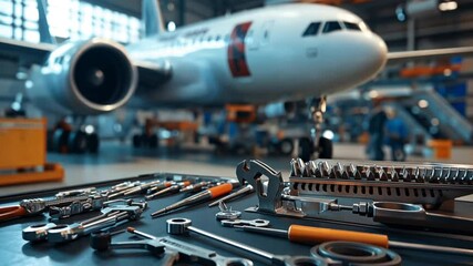 Close-up of a plane mechanic toolkit with various specialized tools used for aircraft repairs, highlighting the equipment necessary in aviation maintenance