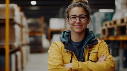 A young woman in a yellow jacket and glasses stands confidently in a warehouse, her arms crossed, her eyes filled with determination and focus 