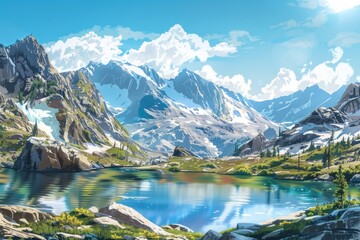 Fototapeta premium Serene Mountain Lake with Snow-Capped Peaks and Lush Greenery
