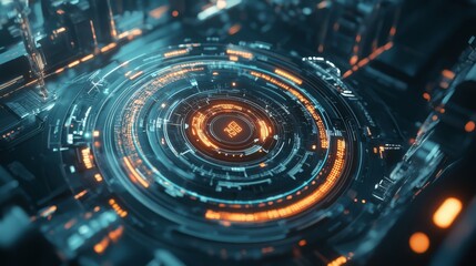 Obraz premium Cybernetic Core: Abstract digital art depicting a futuristic, glowing circular interface with intricate details and vibrant teal and orange hues. A mesmerizing glimpse into a technological marvel. 