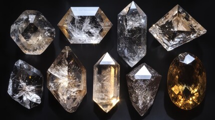 A captivating array of meticulously crafted smoky quartz crystals, showcasing their unique formations 
