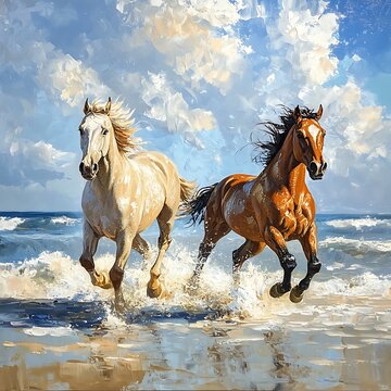 Two Beautiful Horses Running Wildly Through Ocean Cascading Waves picture