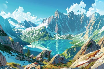 A serene mountain lake nestled amidst towering peaks and fluffy clouds.