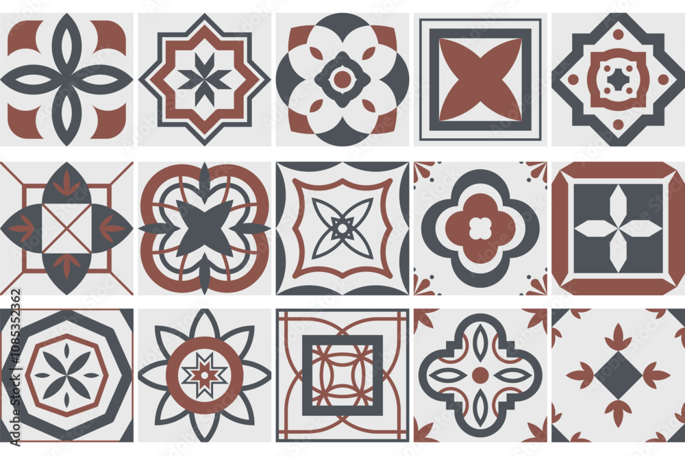 Poster Collection of seamless geometric mosaic patterns - trendy color tile textures. Decorative ornamental backgrounds. Vector repeatable tileable prints