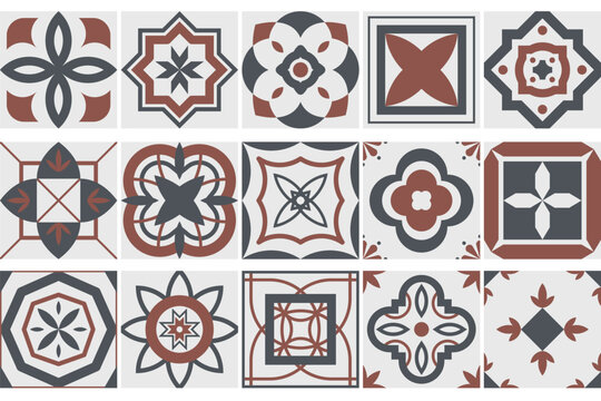 Collection of seamless geometric mosaic patterns - trendy color tile textures. Decorative ornamental backgrounds. Vector repeatable tileable prints