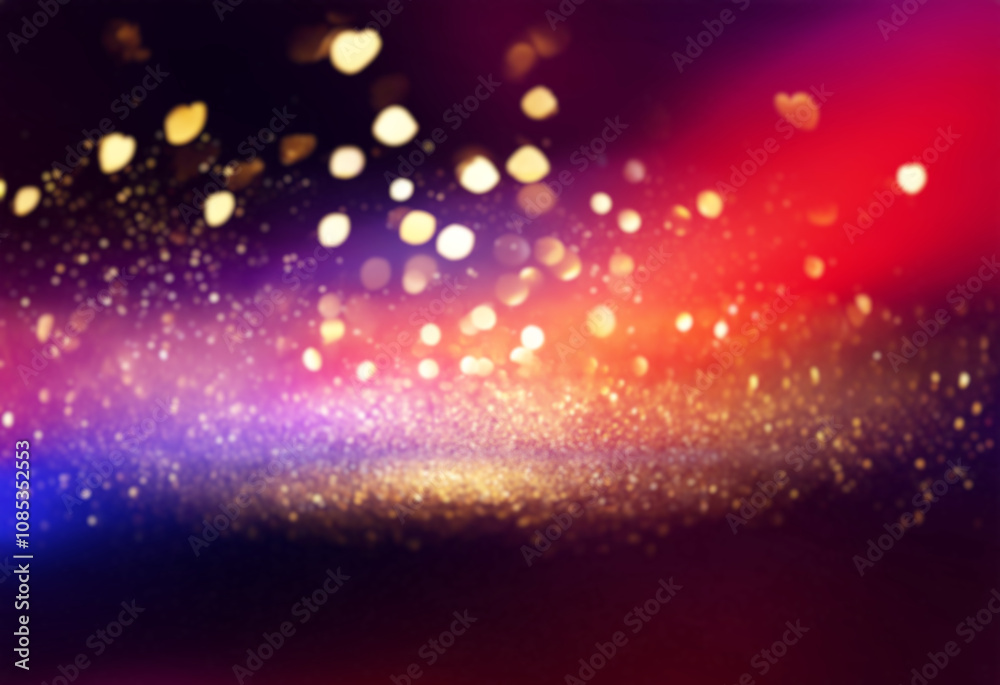 Poster A dark background with a layer of shimmering golden glitter and a blurry layer of soft gold bokeh.