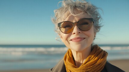 A woman with a scarf and sunglasses is smiling at the camera