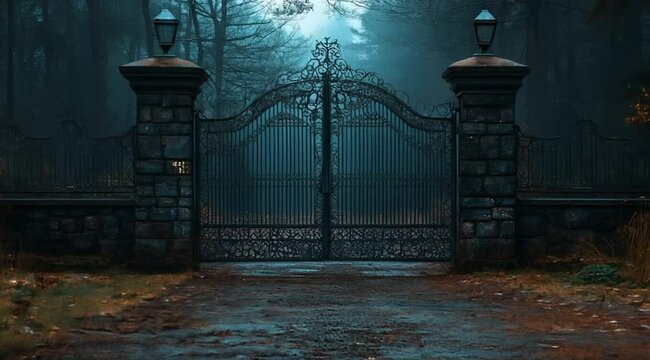 Horror ancient iron gate scenery scene, Slow motion camera with different angles